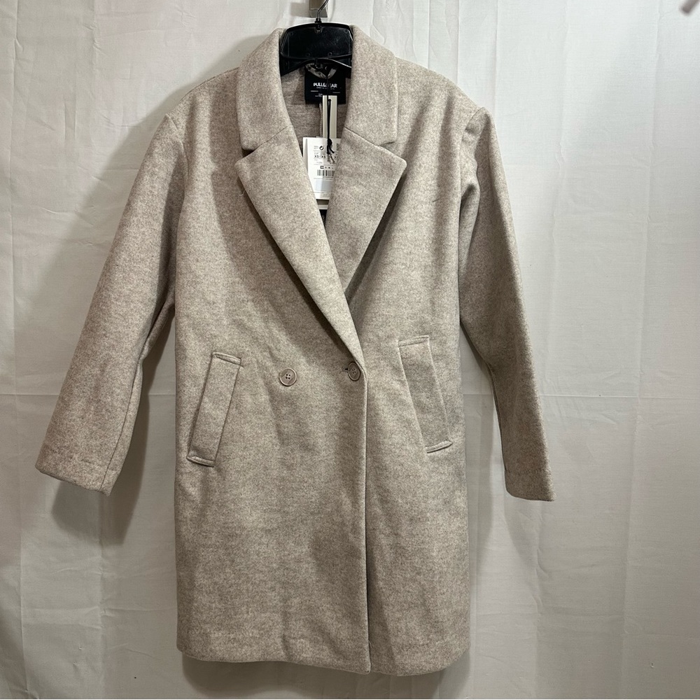 Pull & Bear by ASOS Longline Pea Coat in Cream/Tan Size XS